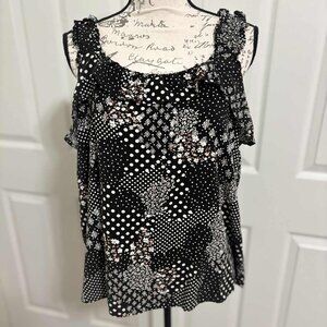 Women's Black & White Floral & Polka Dotted Tank with Ruffled Shoulders Size XXL